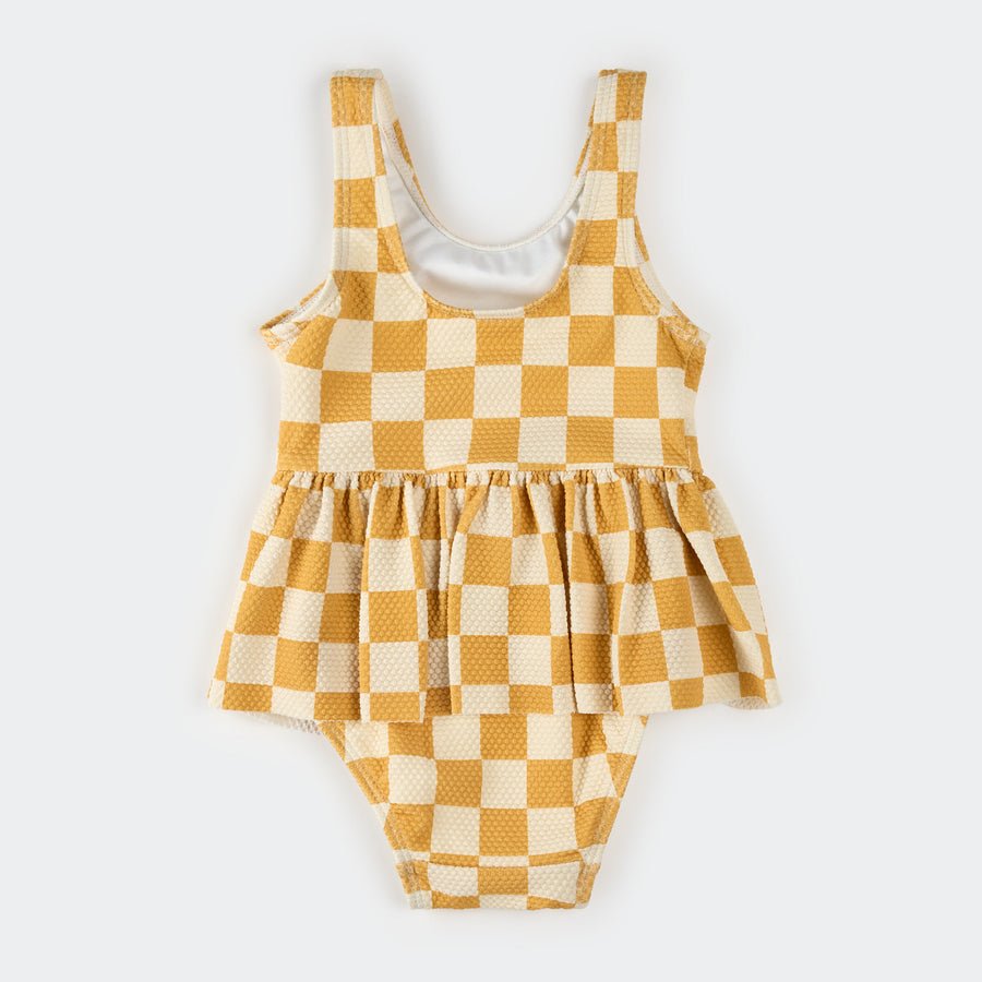 Petit Lem Orange Checkerboard Skirted Swimsuit - Princess and the Pea Boutique