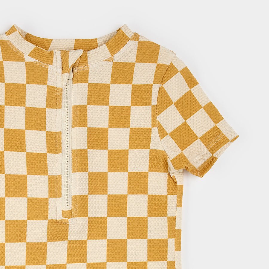 Petit Lem Orange Checkerboard Swim Romper - Princess and the Pea Boutique