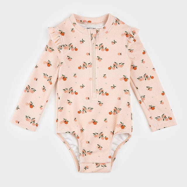 Petit Lem Oranges Print on Crème Tan Long - Sleeve One - Piece Swimsuit - Princess and the Pea Boutique