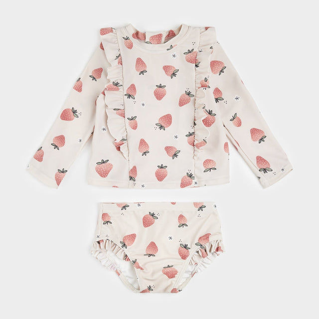 Petit Lem Strawberry Print on Crème Long - Sleeve Rashguard Set - Princess and the Pea Boutique