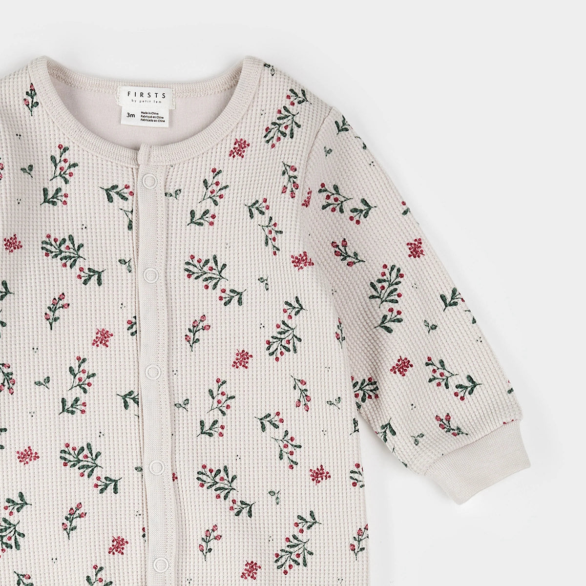 Petit Lem Winterberry Holly Print on Beige Thermal Sleeper - Princess and the Pea Boutique