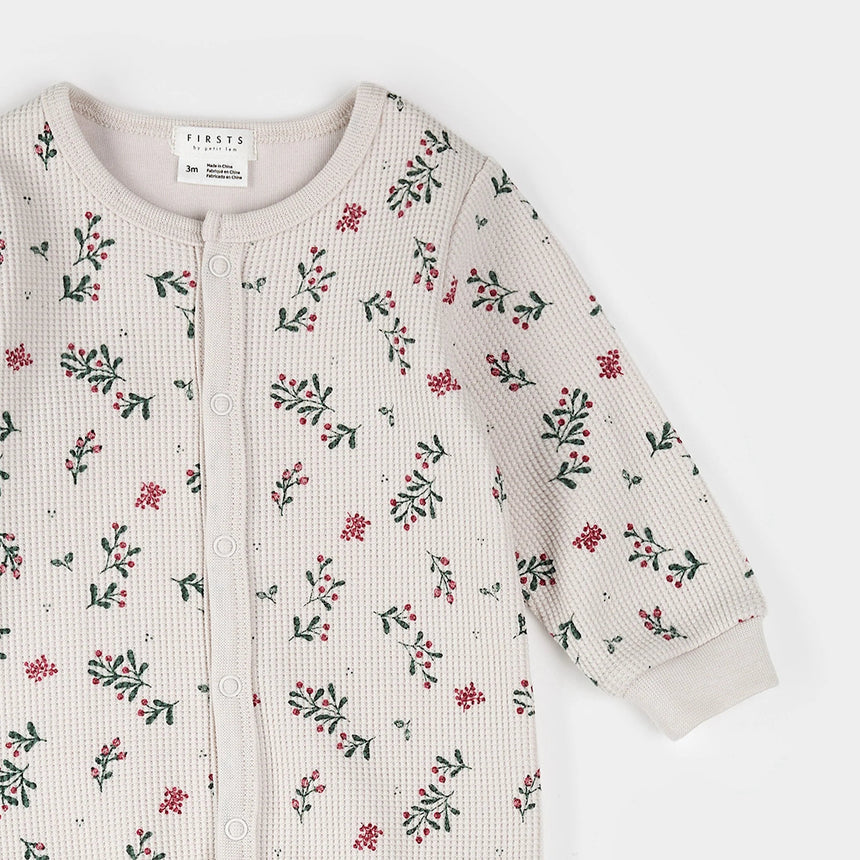 Petit Lem Winterberry Holly Print on Beige Thermal Sleeper - Princess and the Pea Boutique