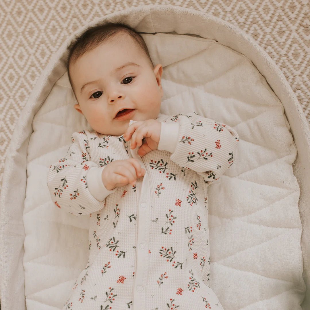 Petit Lem Winterberry Holly Print on Beige Thermal Sleeper - Princess and the Pea Boutique