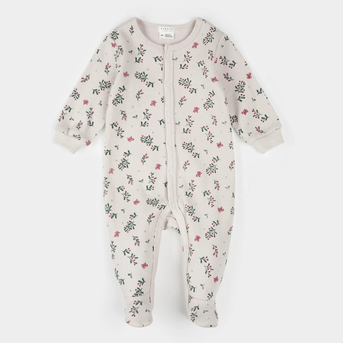 Petit Lem Winterberry Holly Print on Beige Thermal Sleeper - Princess and the Pea Boutique