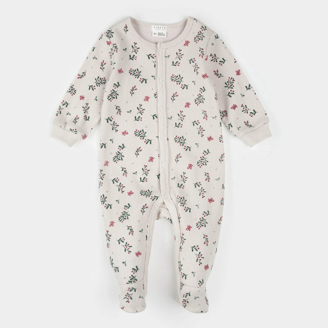 Petit Lem Winterberry Holly Print on Beige Thermal Sleeper - Princess and the Pea Boutique