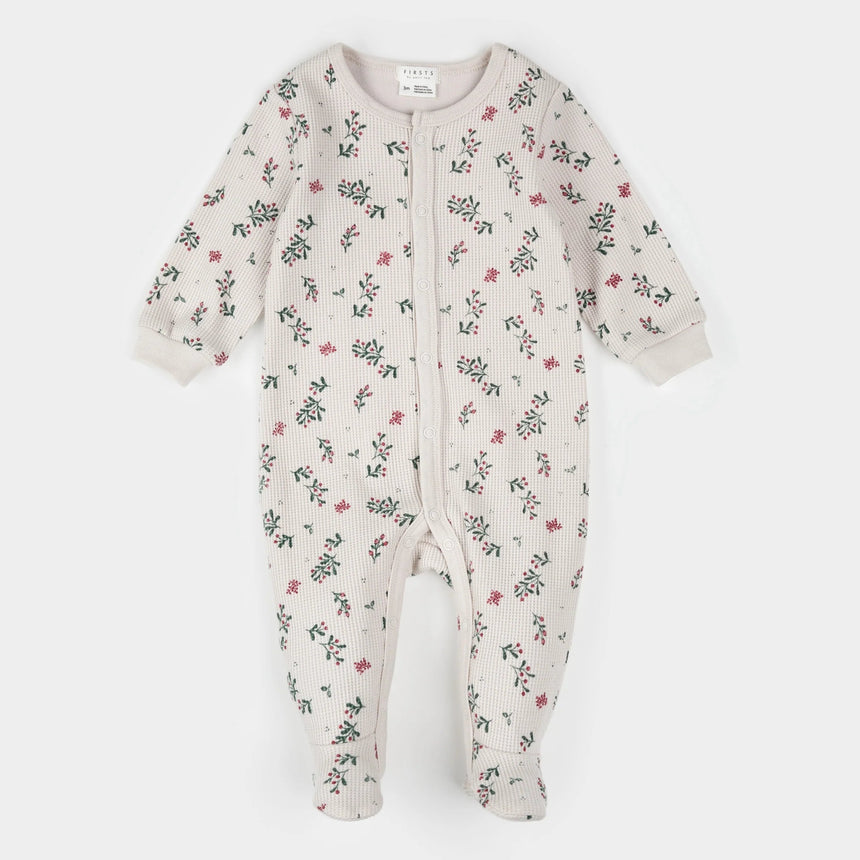 Petit Lem Winterberry Holly Print on Beige Thermal Sleeper - Princess and the Pea Boutique