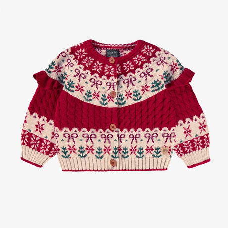 Red Knitted Cardigan with Jacquard Patterns, Baby - Princess and the Pea Boutique