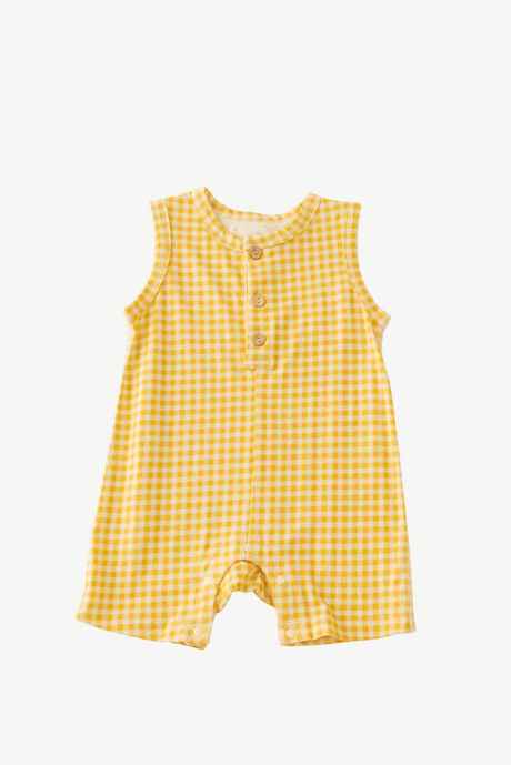 Sleeveless Henley Romper - Yellow Checker - Princess and the Pea Boutique