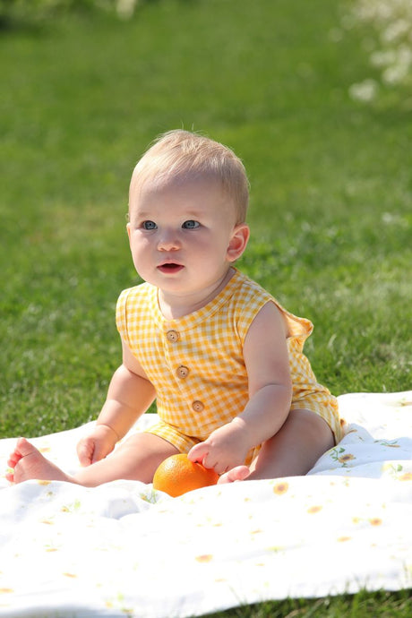 Sleeveless Henley Romper - Yellow Checker - Princess and the Pea Boutique
