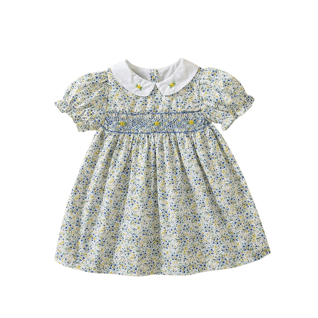 Smocked Blue Floral Baby Dress with Peter Pan Collar - Princess and the Pea Boutique
