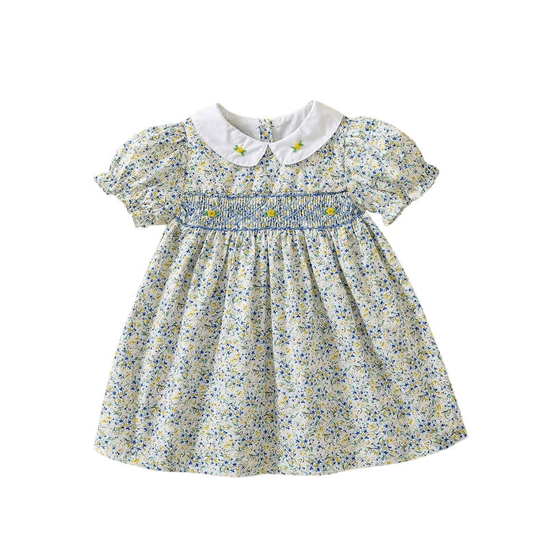 Smocked Blue Floral Baby Dress with Peter Pan Collar - Princess and the Pea Boutique