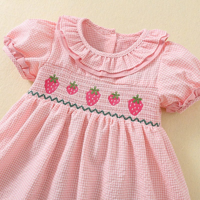 Smocked Pink Gingham Strawberry Dress - Princess and the Pea Boutique