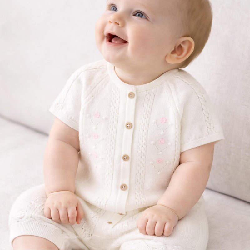 Souris Mini Cream knit romper with pointelle pattern - Princess and the Pea Boutique