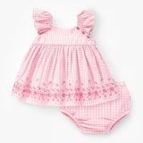 Souris Mini Pink checkered dress and bloomers with eyelet embroidery - Princess and the Pea Boutique