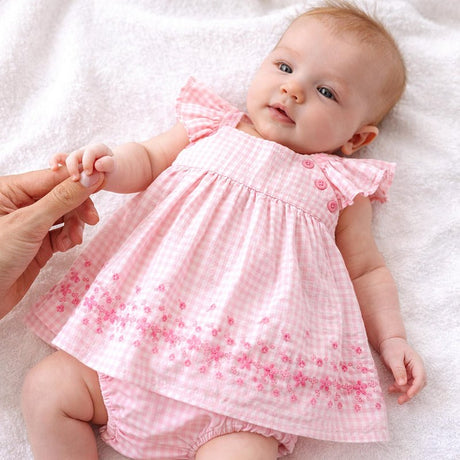 Souris Mini Pink checkered dress and bloomers with eyelet embroidery - Princess and the Pea Boutique
