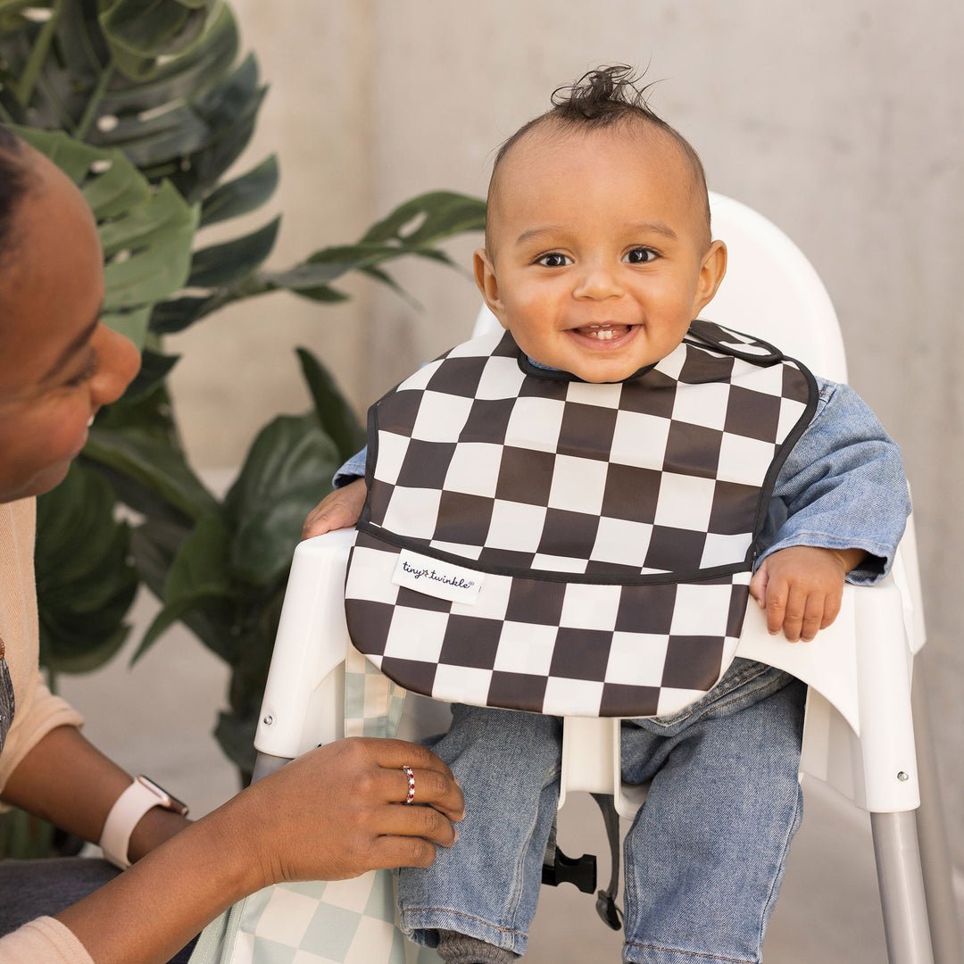 Tiny Twinkle - Mess - proof Easy Bib 3 Pack - Black, Sage Checkers, Solid Charcoal - Princess and the Pea Boutique