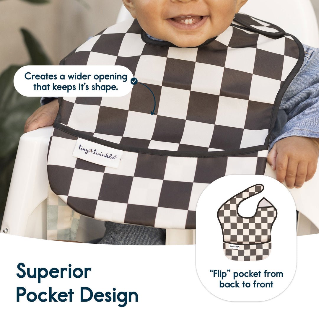 Tiny Twinkle - Mess - proof Easy Bib 3 Pack - Black, Sage Checkers, Solid Charcoal - Princess and the Pea Boutique