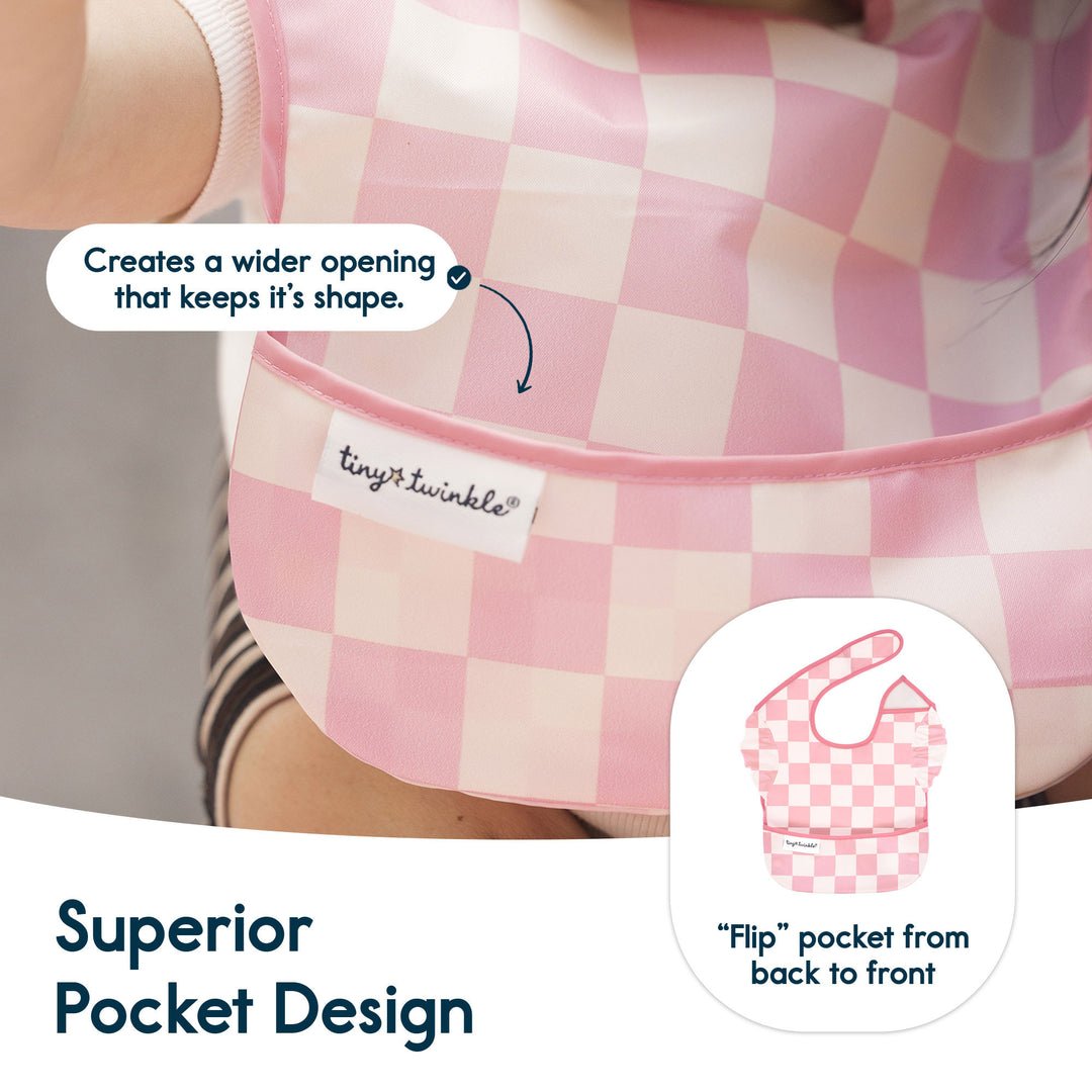 Tiny Twinkle - Mess - proof Easy Bib 3 Pack - Pink, Brown Checkers, Solid Pink - Princess and the Pea Boutique