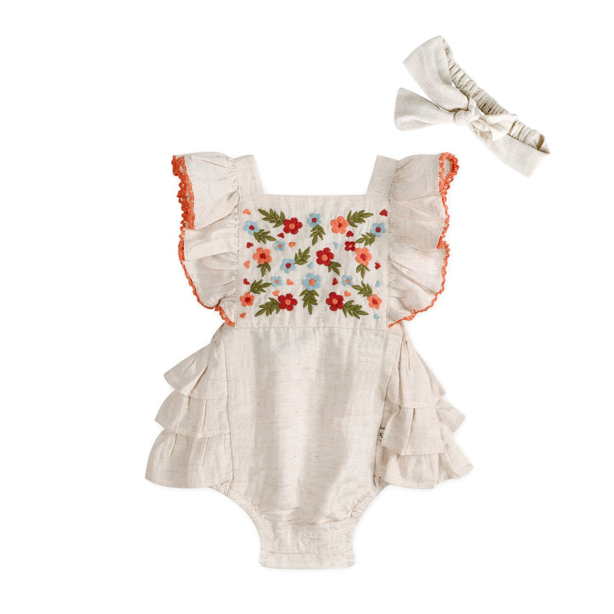 Viverano Organics Anya Embroidered Baby Romper + Headband - Linen Blend - Princess and the Pea Boutique