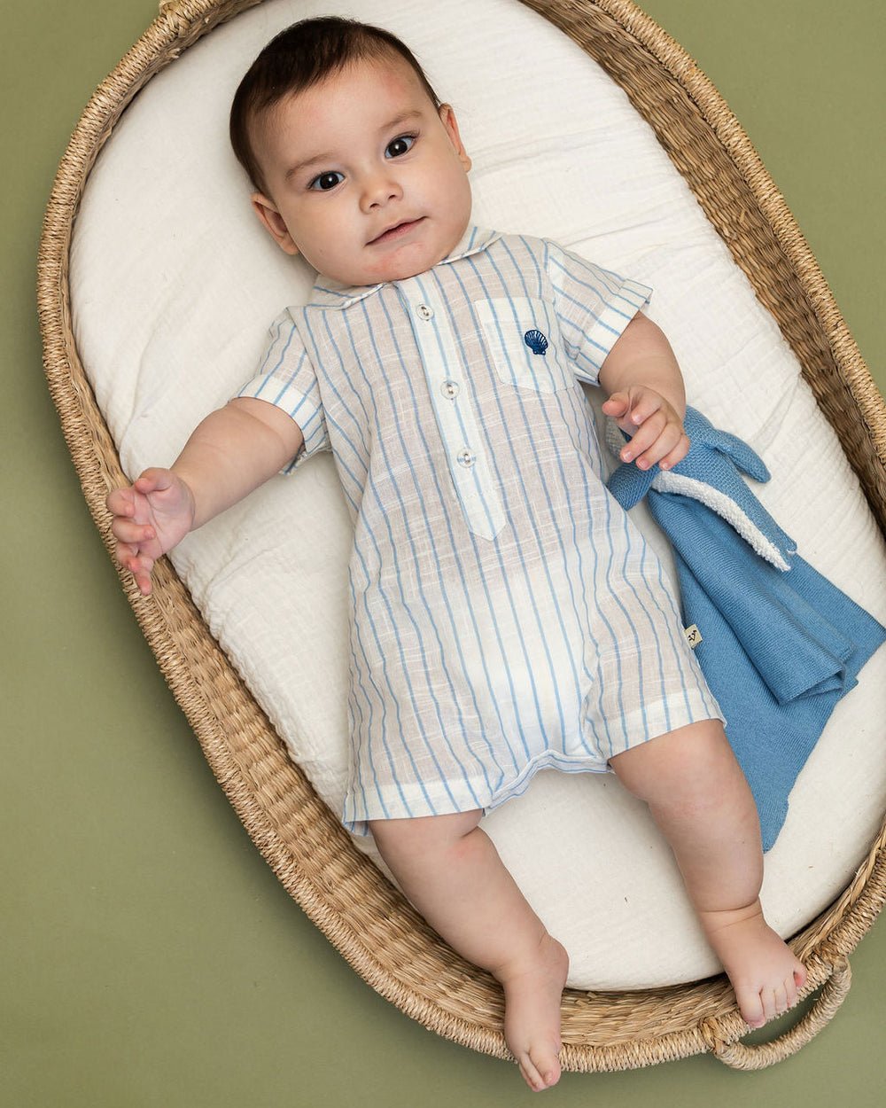Viverano Organics Aqua Embroidered Baby Romper - Sea Blue Stripe - Princess and the Pea Boutique