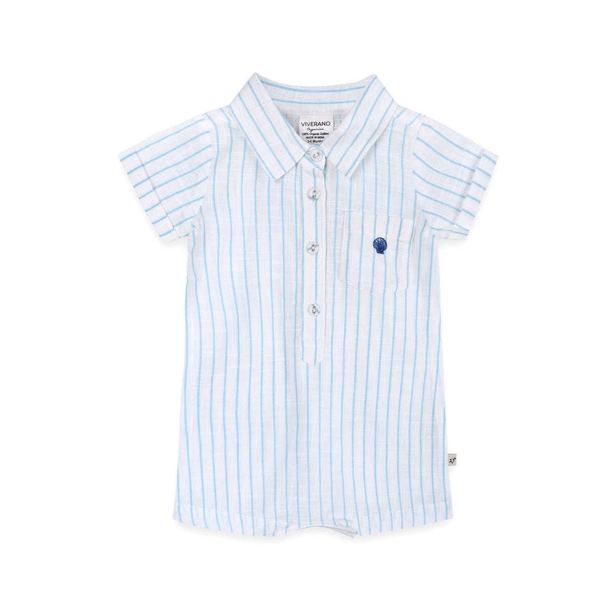 Viverano Organics Aqua Embroidered Baby Romper - Sea Blue Stripe - Princess and the Pea Boutique