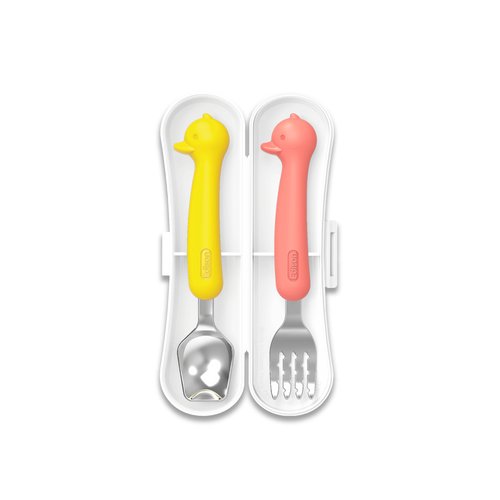 EDISON SILICONE SPOON & FORK CASE SET FOR BABY PINK/YELLOW (DUCK) - Princess and the Pea
