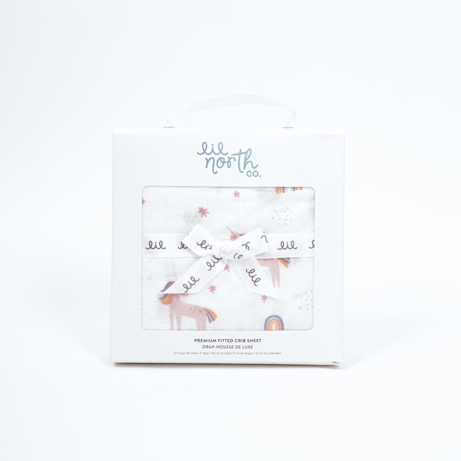 Lil North Co. Muslin Crib Sheet - Bright Unicorn - Princess and the Pea