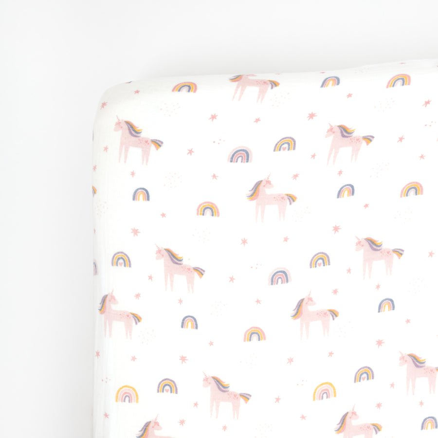 Lil North Co. Muslin Crib Sheet - Bright Unicorn - Princess and the Pea