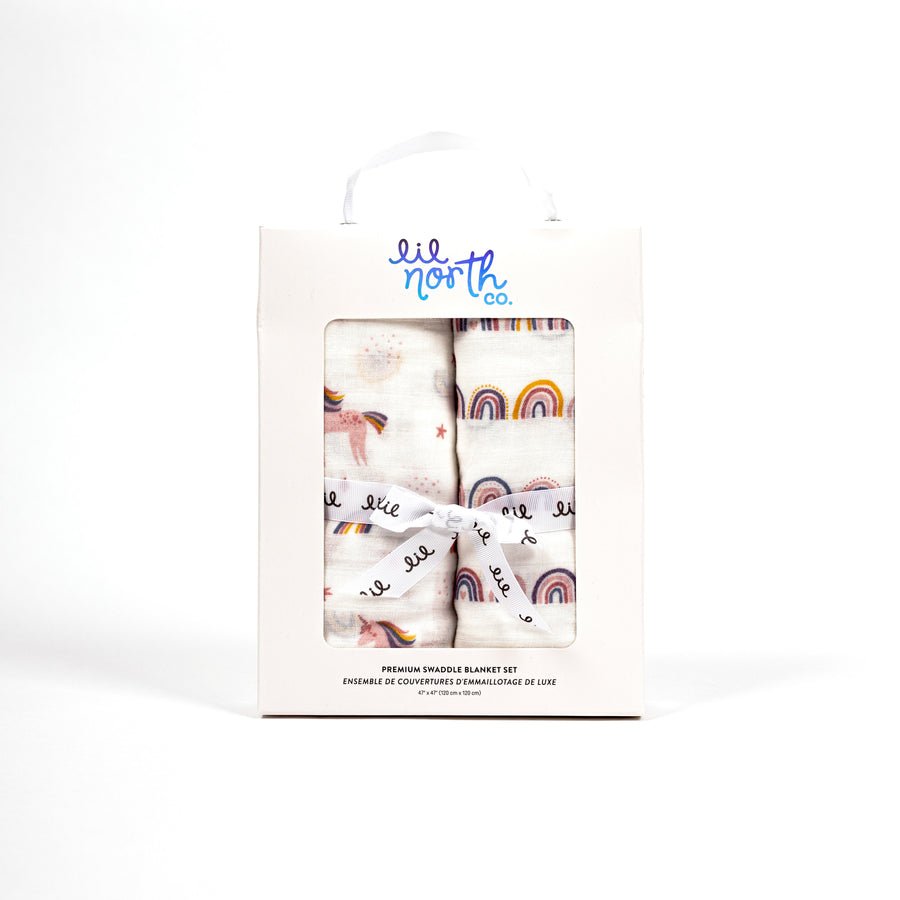 Lil North Co. Muslin Swaddle Set - Bright Unicorn & Rainbow - Princess and the Pea