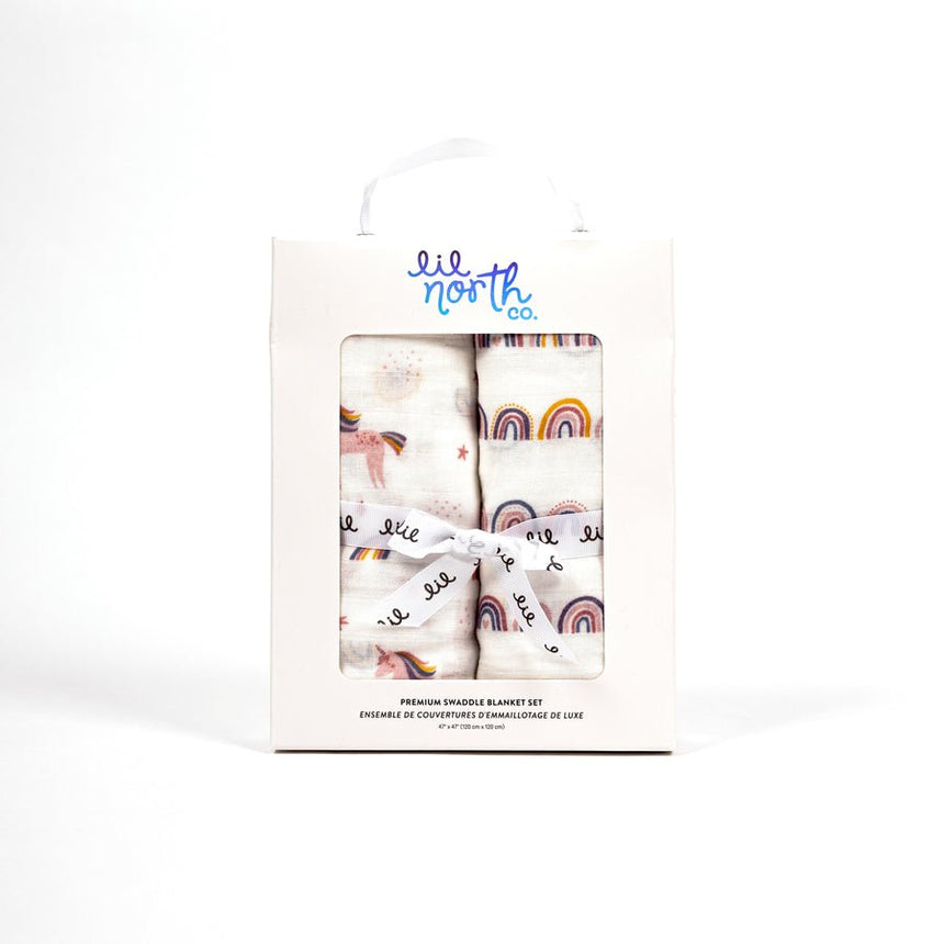Lil North Co. Muslin Swaddle Set - Bright Unicorn & Rainbow - Princess and the Pea