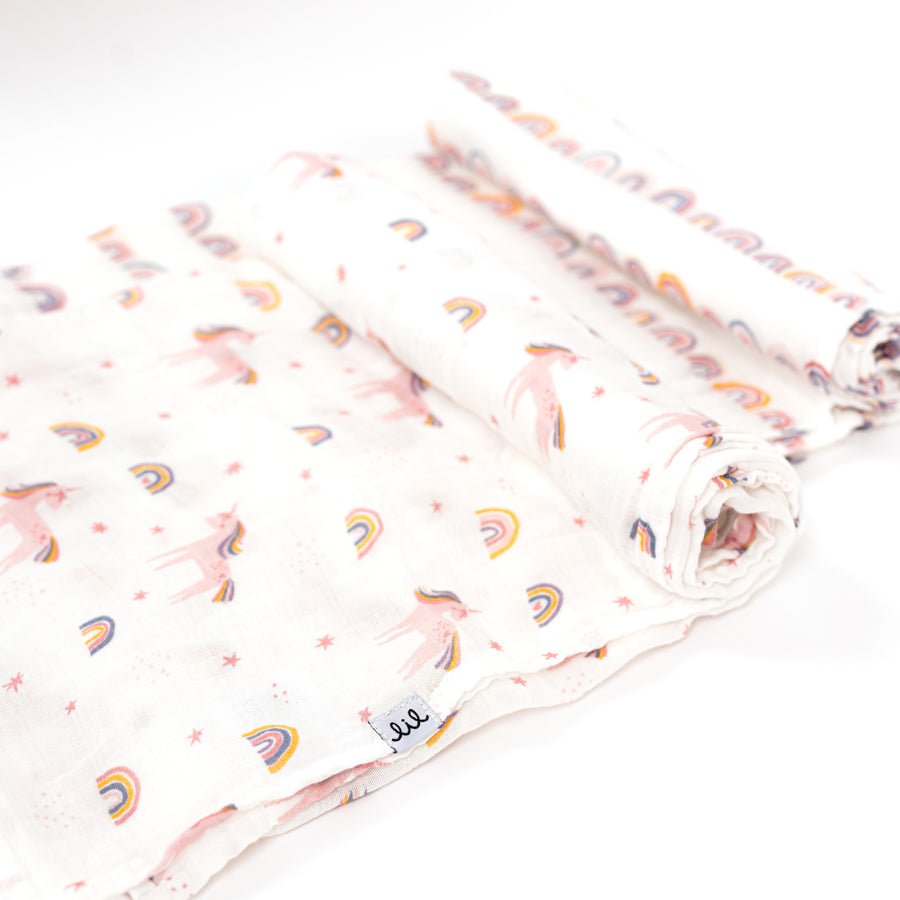 Lil North Co. Muslin Swaddle Set - Bright Unicorn & Rainbow - Princess and the Pea