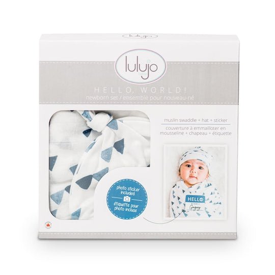 Lulujo Hello World Hat & Swaddle Sets - Navy Triangles - Princess and the Pea