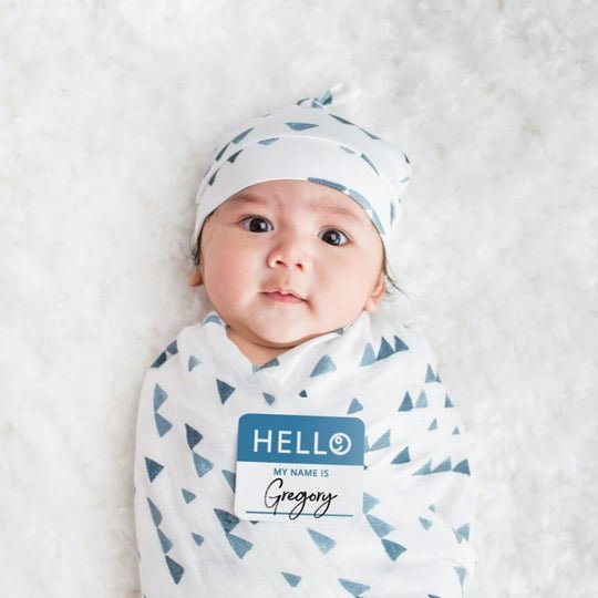 Lulujo Hello World Hat Swaddle Sets Navy Triangles Princess and the Pea Boutique