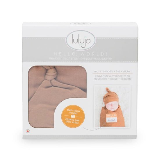 Lulujo Hello World Hat & Swaddle Sets - Tan - Princess and the Pea