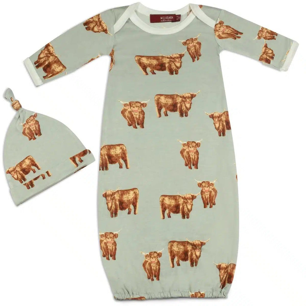 Milkbarn Highland Cow Bamboo Newborn Gown & Hat Set - Princess and the Pea